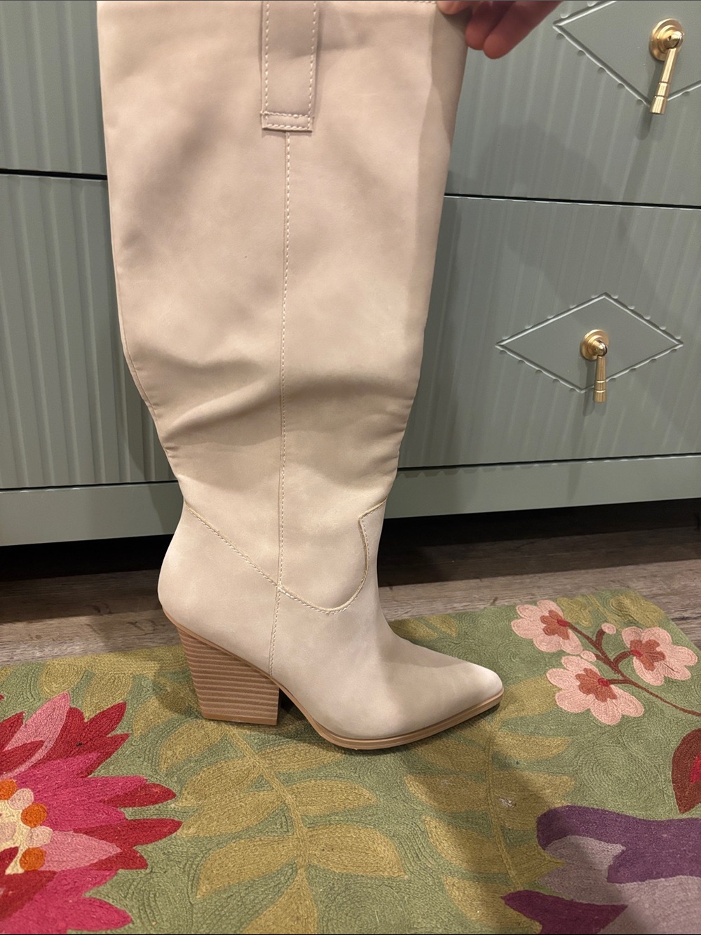 Knee-High Cream Block Heel Boots — Women's Fashion Boot